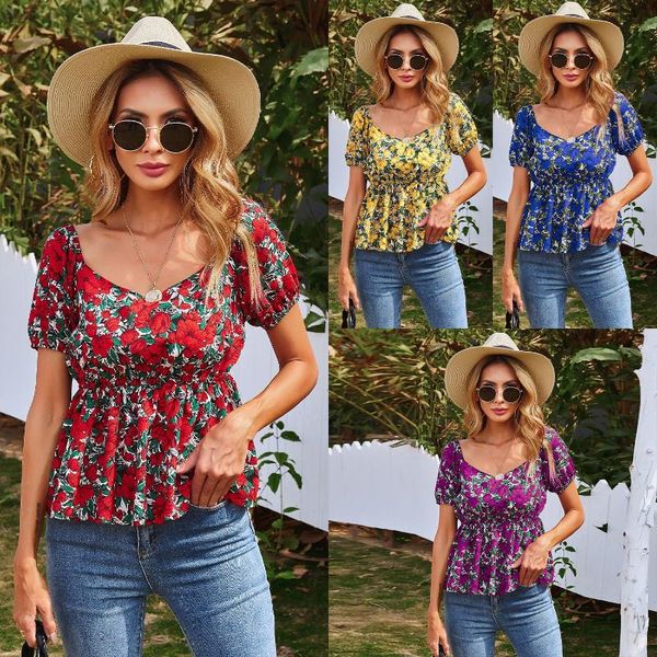 

woman's summer short chiffon t-shirt floral pattern square collar elastic waist ruffles casual style pullover women's, White