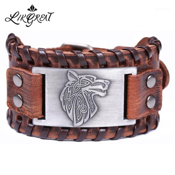 

likgreat braid leather bracelets for men vintage antique silver color metal viking punk wolf charms bracelet talisman adjustable1, Red;blue