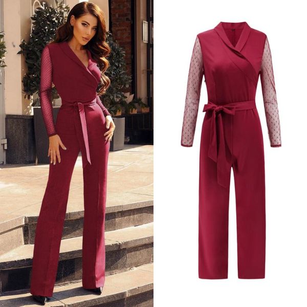 

women's jumpsuits & rompers v neck lapel jumpsuit small dot printed long sleeve playsuit female pants bodysuit women skiny overalls, Black;white