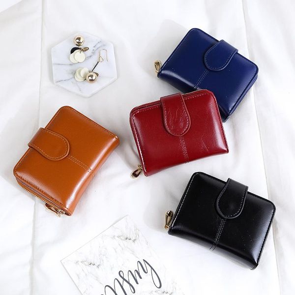 

wallets wallet woman's short european and american oil wax leather buckle classic small, Red;black