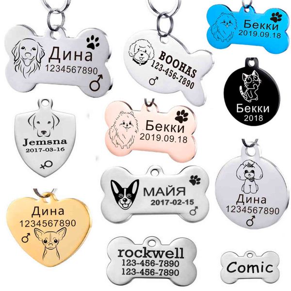 Pet Dog Id ID Tag Personalizado Cachorrinho Gato Gatinho Cães Colares Acessórios Cão Nome Mensagem Tag Personalizado Aço Inoxidável Pet ID de identificação