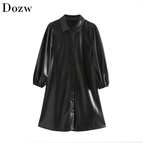 

fashion women black color pu leather mini dress lantern long sleeve streetwear female dresses a line turn down collar sundresses 210515, Black;gray
