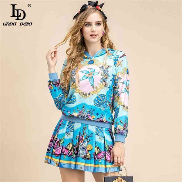 

autumn winter fashion runway skirt suit women casual pullover hooded sweater and pleated short 2 pieces set 210522, White