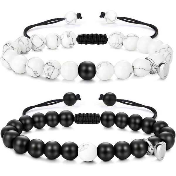 

beaded, strands 2 pcs/set magnetic couples mutual attraction bracelets black matte agate white howlite bead distance matching bracelet suit