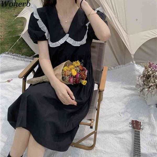 ВМС стиль слоеных рукавов шикарные нежные девочки платье сладкий все матча A-Line мини платья японские Kawaii Vestidos 210519