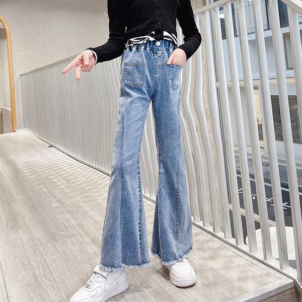 

jeans for girls 2021 autumn fashion kids bell-bottomed pants children's clothing casual girl high waist trousers teens clothes, Blue