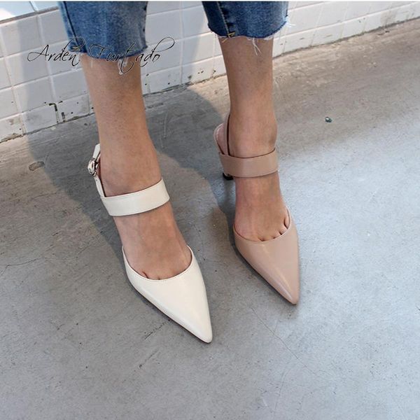 

arden furtado 2021 summer high heels stilettos pointed toe sandals mules buckle strap genuine leather singback shoes ladies shoe, Black