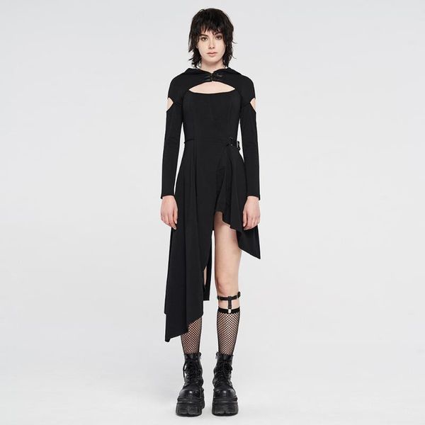 

casual dresses gothic witch hooded high waist daily party dress women's punk elastic knit asymmetrical long sleeve rave, Black;gray
