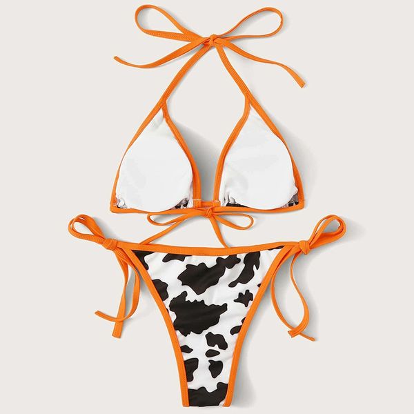 

cow print halter 2021 women swimsuit female swimwear two pieces bikini set micro thong bather bathing suit swim ladyin