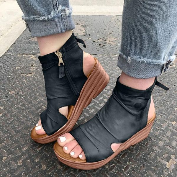 

sandals women's summer solid color casual platform wedge heel buckle fish mouth flip flop femme shoes plus size #40, Black