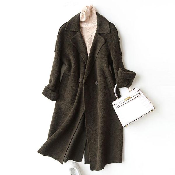 

women's wool & blends fashion long coat women alpaca cashmere coats 2021 autumn winter jackets overcoat manteau femme hiver 37032, Black