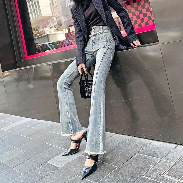 

women's jeans spring autumn high waist bell bottom trousers women slim flare streetwear denim pants light 2021 loose vintage fashion, Blue
