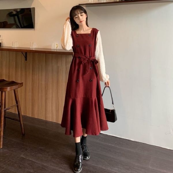 

plus size button square collar vintage dress patchwork full sleeve ladies es fashion spring elegant women long 210521, Black;gray