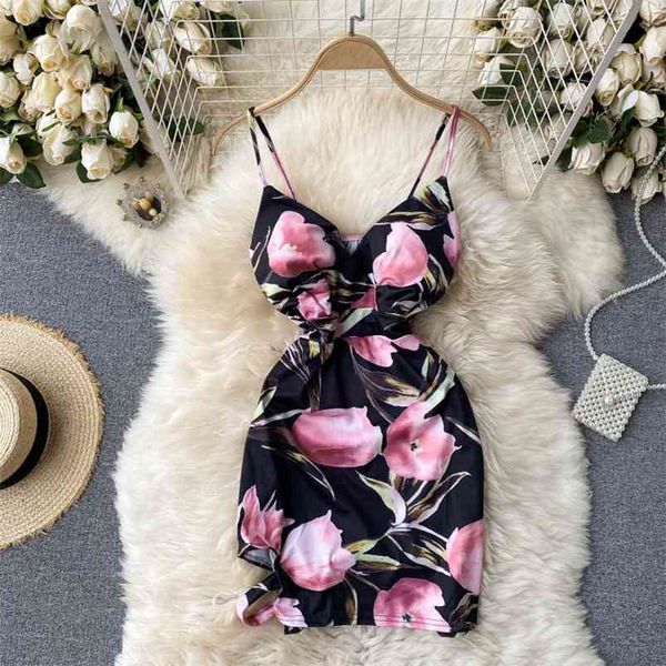 

spring style v-neck chest pad halter beautiful back sling vestidos female waist slimming printed bag hip mini dress gk048 210507, Black;gray