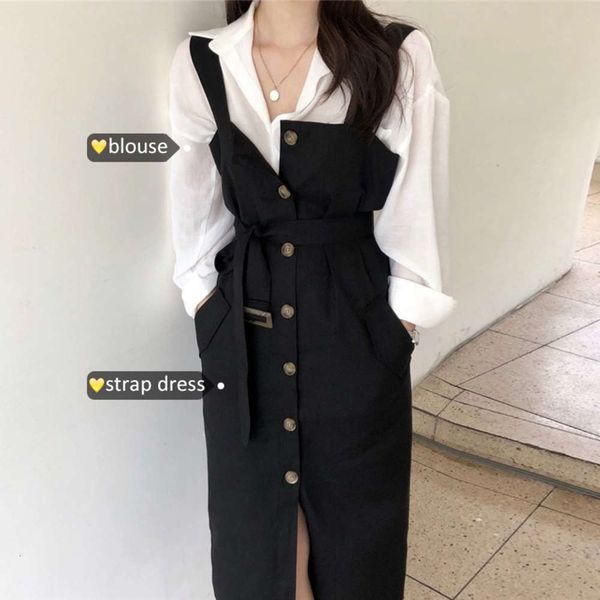 

casual dresses dress women clothessimple and versatile lapel long sleeve shirt + slim bandage single breasted suspender 303o, Black;gray
