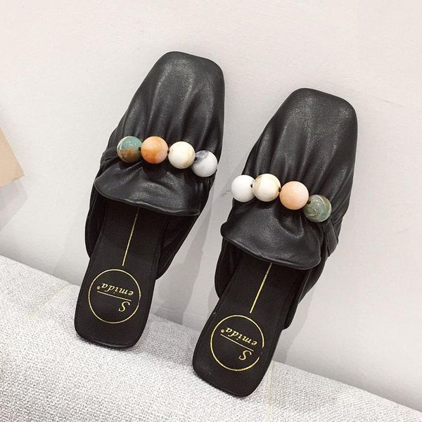 

slippers 2021 brand desinger women slip on pleat mules string bead decorate casual shoes square toe heels beach slides, Black