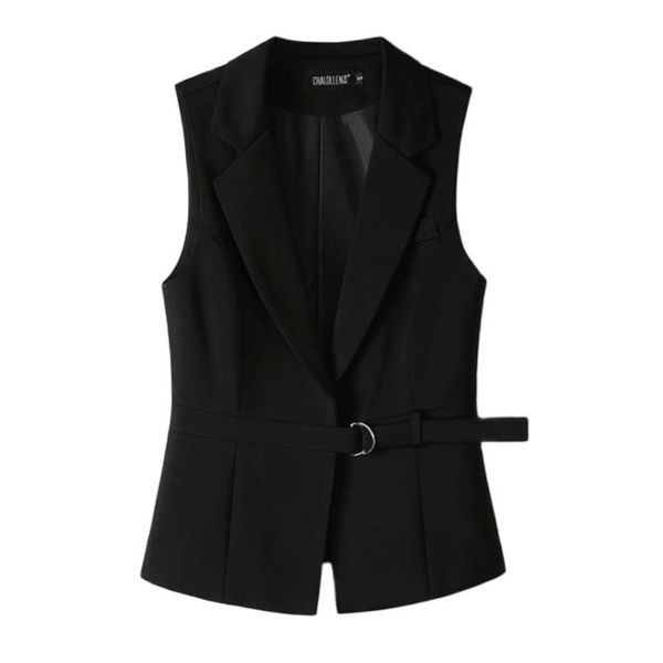 

women's vests women 2021 fashion solid side slit one-button vintage suit collar sleeveless outerwear chic veste femme waistcoat overcoa, Black;white