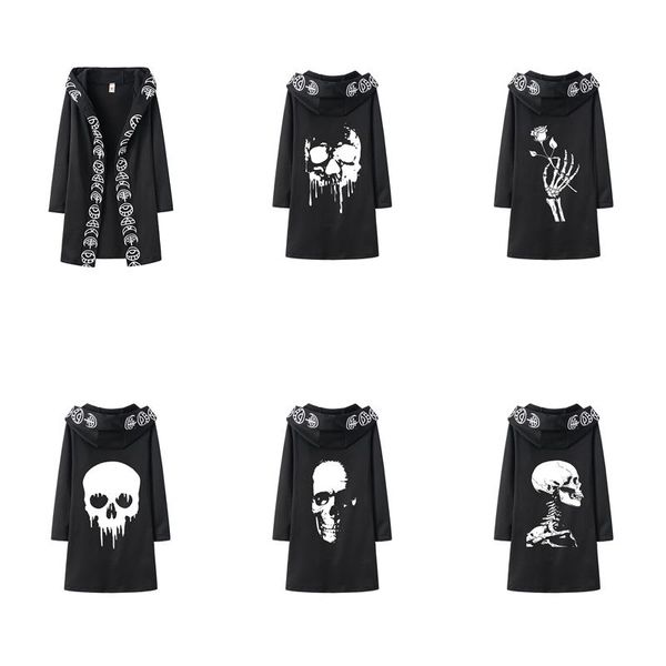 

women's jackets long black hoodie retro gothic style long-sleeved jacket ladies halloween skull streetwear personality totem print card, Black;brown