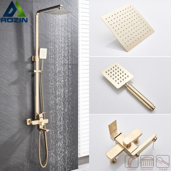 

brushed gold shower faucet in wall 8&quot stainless steel rainfall bath shower set swivel bath spout black bathroom shower column