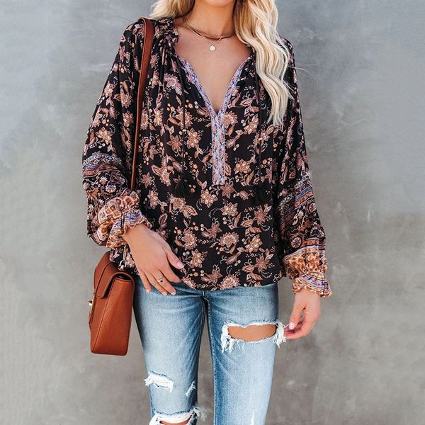 

new printing v-neck lantern long sleeve casual loose shirt in spring and summer of 2021, White