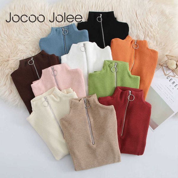 

autumn winter sweaters women slim solid color korean zipper sweater knit pullovers bottom ladies sweater pullover 210619, White;black