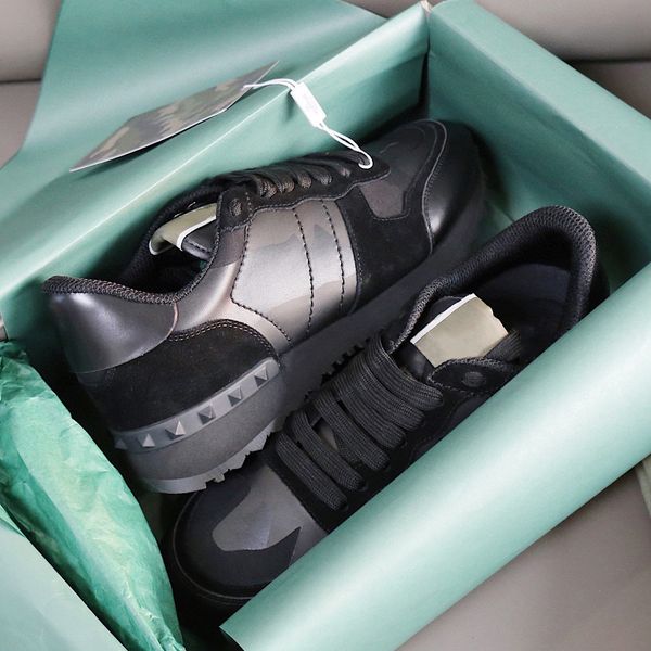 

luxury stud camouflage noir sneaker mesh real leather designer shoes combo rock runner flat trainers for men rubber sole with box, Black