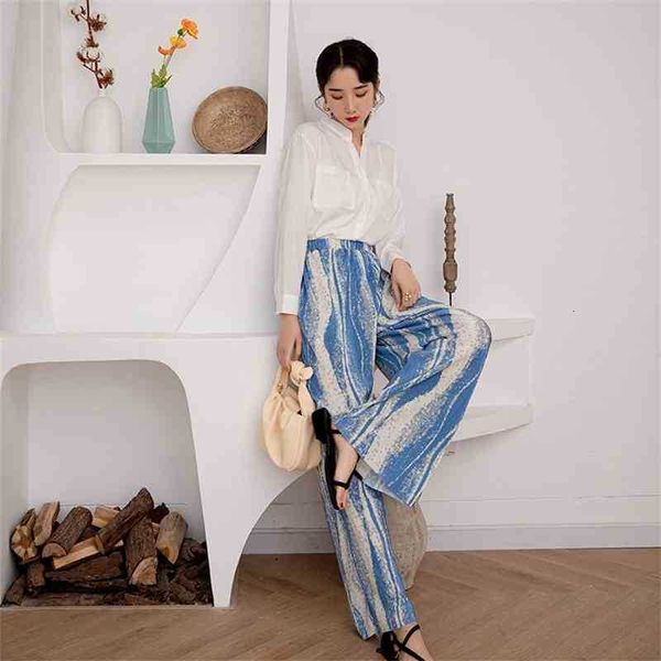 

women's pants & capris tie dye summer ribbed wide leg women trousers elastic high waist striped blue green loose palazzo fash 0xuy, Black;white