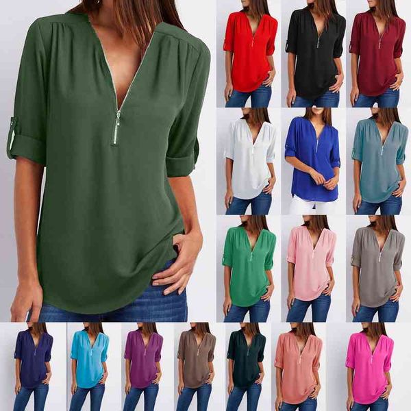 

summer autumn long sleeve womens blouses chiffon and zipper v neck plus size loose shirt ladies casual s 5xl, White