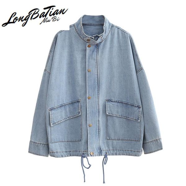 

women's jackets vintage washed black stand collar denim women big pocket coat oversized loose long sleeve jeans jacket outerwear female, Black;brown