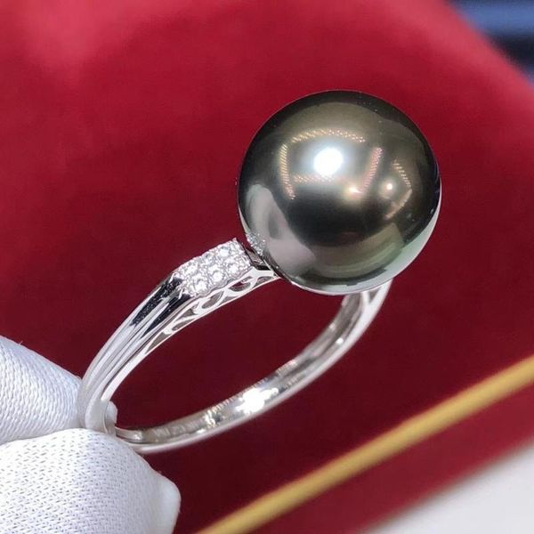 

cluster rings d325 pearl fine jewelry solid 14k gold natural 10-11mm ocean sea tahiti black pearls for women, Golden;silver