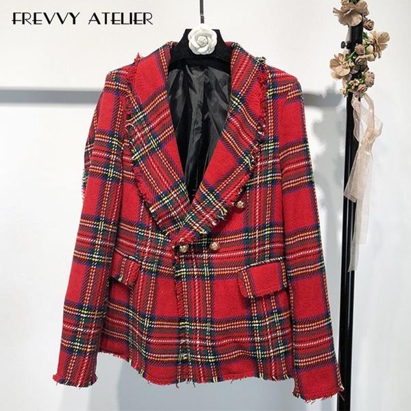 

women's suits & blazers red plaid full sleeve slim blazer golden button jacket double breasted simple lady streetwear high grade ol clo, White;black