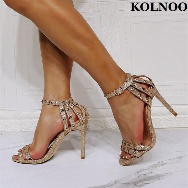 

sandals kolnoo glitters handmade womens high heel rivets studded summer evening party prom fashion daily wear shoes, Black
