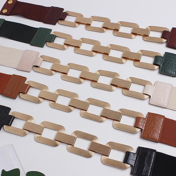 

belts 2021 barock metal chain waist belt vintage square link alligator pattern elastic waistbands women spring dress corset, Black;brown