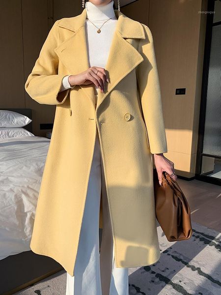 

big lapel double breasted faced cashmere coat women's mid length personalized slim fitting wool in autumn and & blends, Black