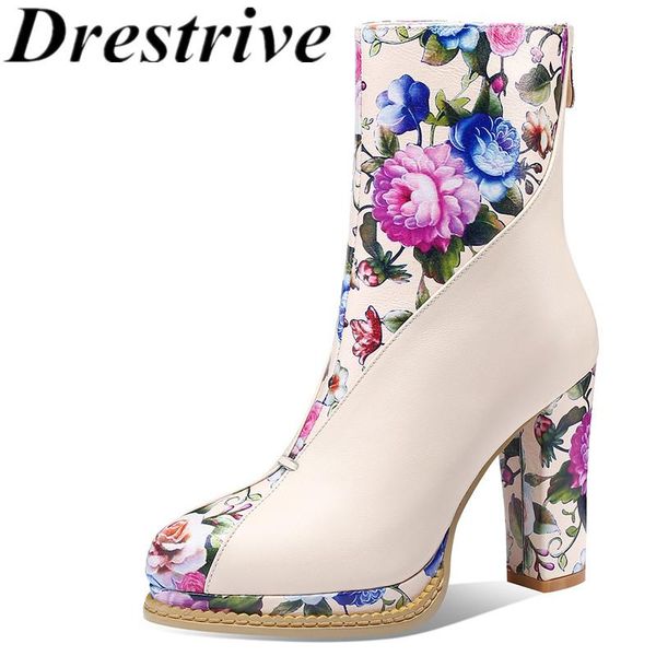 

boots drestrive women ankle cow leather 2021 arrival winter shoe high heels round toe patchwork zipper print platform beige, Black