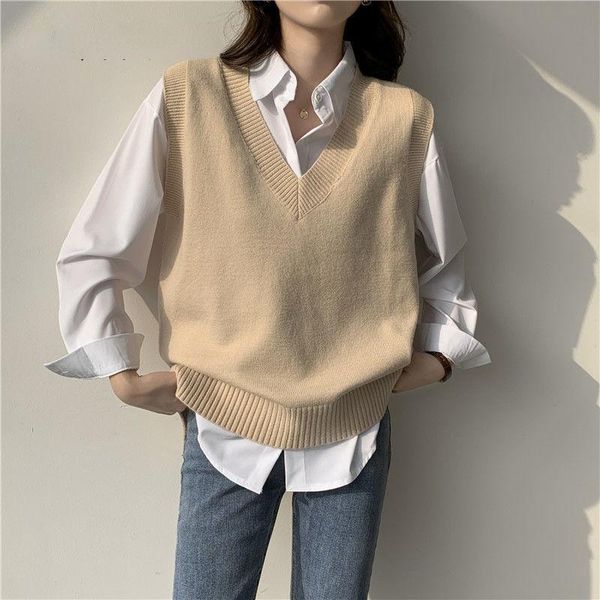 

women's vests v-neck knit woman korean sleeveless loose solid women simplicity slim warm pullover jacket 2021, Black;white
