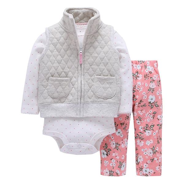 

clothing sets baby girl clothes cotton gray vest with pocket +dot long sleeve romper+floral pants 2021 fall outfit born boy costume, White