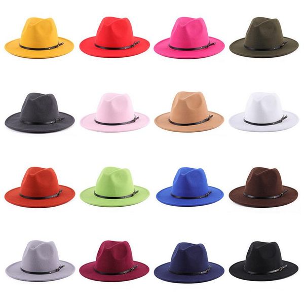 

caps & hats men women /girls british style church autumn winter lady flat brim fedoras vintage wide belt buckle felt, Yellow