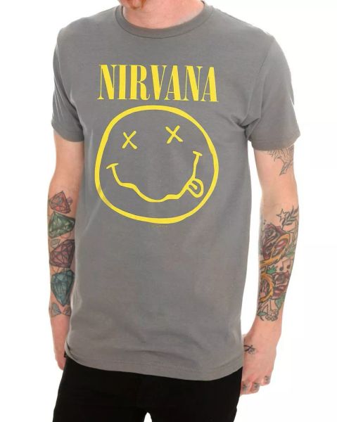 

nirvana kurt cobain smiley face grey t-shirt nwt authentic & licensed, White;black