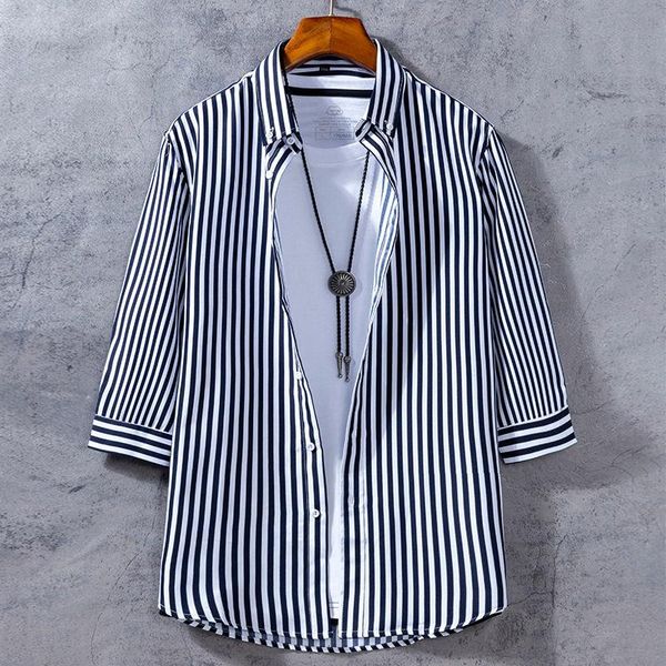 

men's casual shirts long sleeve quarter shirt summer trend slim stripe half short korean inch, White;black