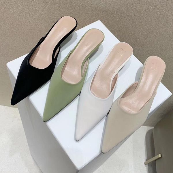 

slippers women summer med shoes cover toe loafers pantofle slides thin heels heeled mules fashion 2021 high luxury pointed rubbe, Black
