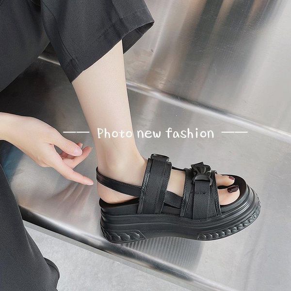 

sandals summer female sandal muffins shoe high heels sale of women's shoes buckle strap all-match girls flat fashion high-heeled ne zwl, Black