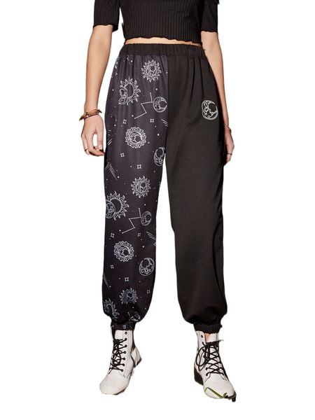 

romwe x afk arena sun & moon graphic two tone sweatpants i5yu#, Black;white