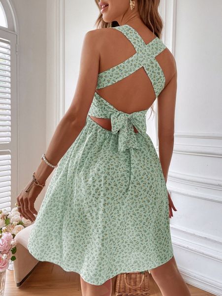 

ditsy floral crisscross tie back shirred dress 60za#, Black;gray