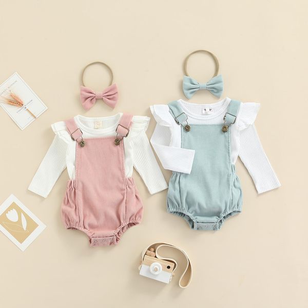 

3 pcs baby girl corduroy set ribbed long sleeve round neck suspender solid color pants kids clothing, White