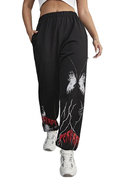 

letter & butterfly pattern sweatpants 26jg#, Black;white