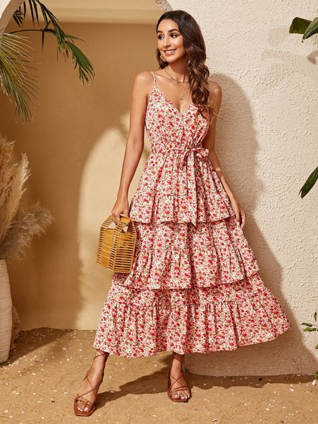 

allover floral print ruffle layered hem belted dress z0up#, Black;gray