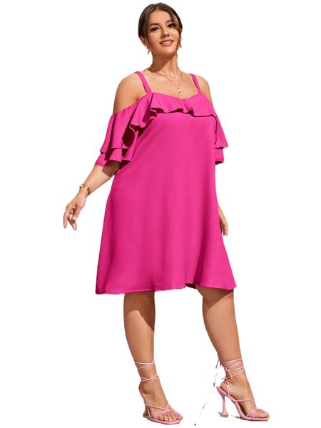 

plus cold shoulder ruffle trim dress i2ru#, Black