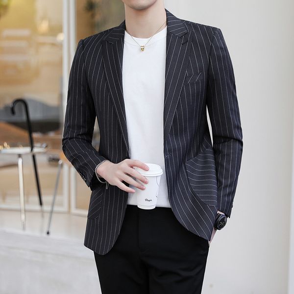 

trendy men's 2022 spring new striped slim suit business casual high-end gentleman fashion groom host coat jacket, White;black