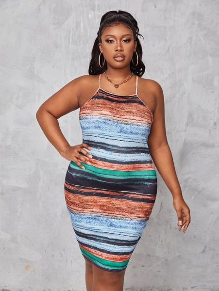 

plus block striped criss cross dress q440#, Black